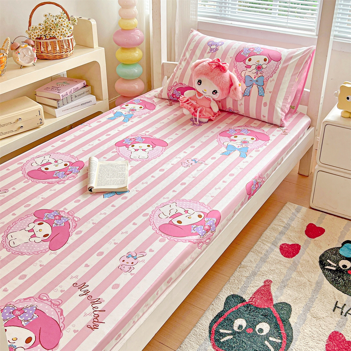 91家纺网 家纺一手货源 找家纺 名兮家居 2025-奥特曼-三丽鸥全棉13372学生床上下铺床笠【含防伪标】 竖条美乐蒂