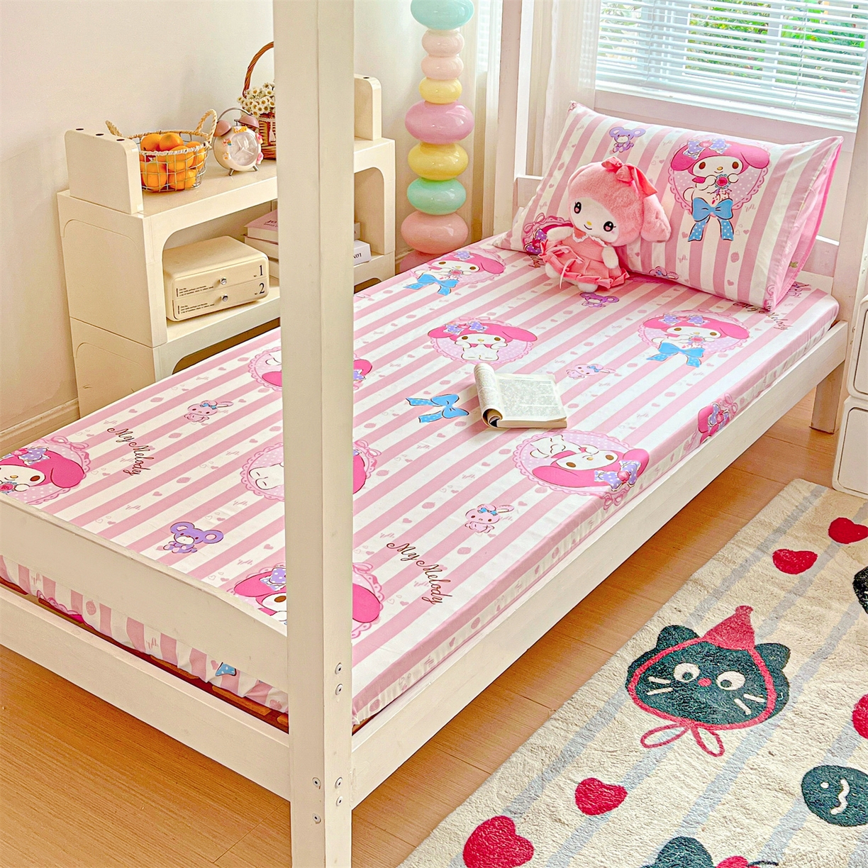 91家纺网 家纺一手货源 找家纺 名兮家居 2025-奥特曼-三丽鸥全棉13372学生床上下铺床笠【含防伪标】 竖条美乐蒂