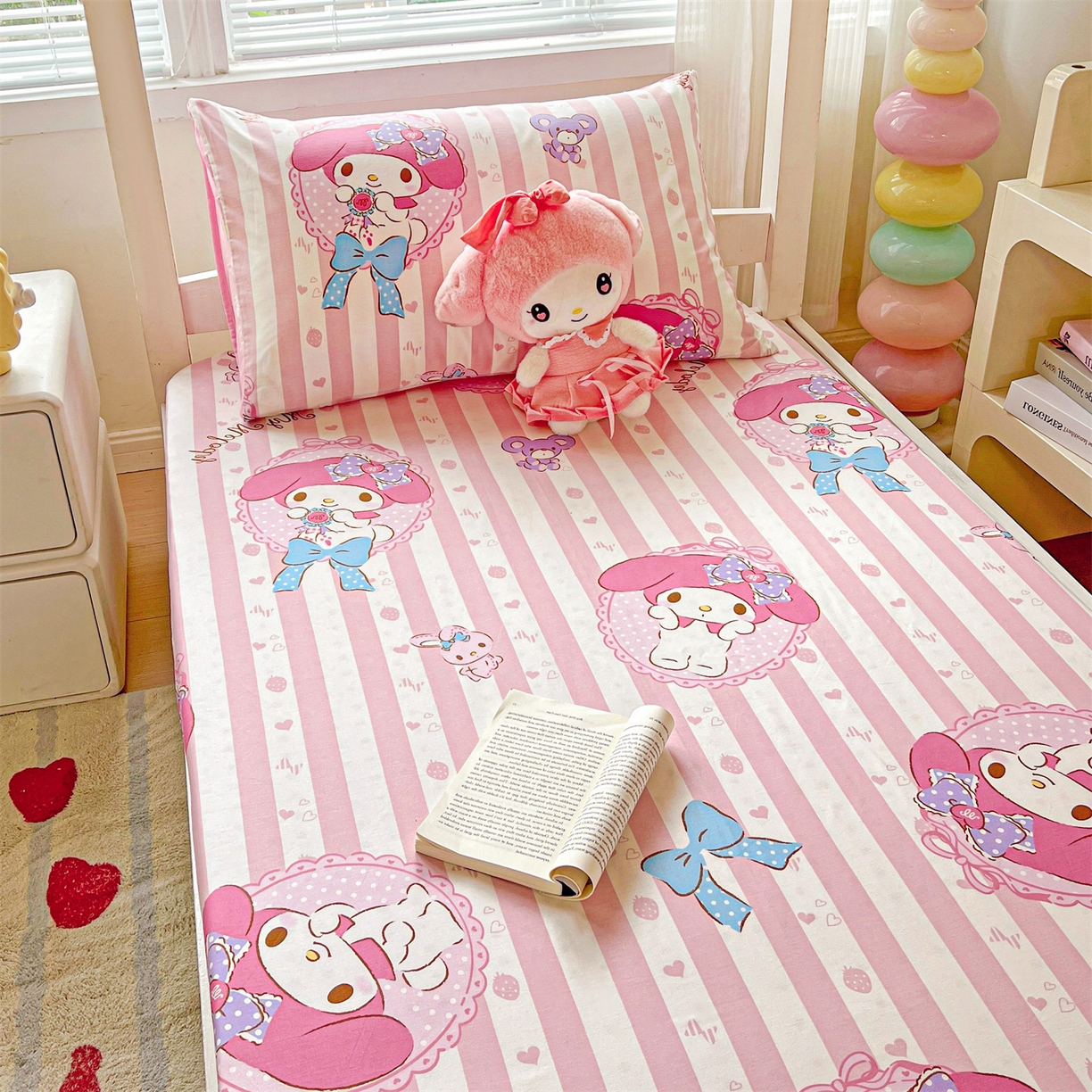 91家纺网 家纺一手货源 找家纺 名兮家居 2025-奥特曼-三丽鸥全棉13372学生床上下铺床笠【含防伪标】 竖条美乐蒂