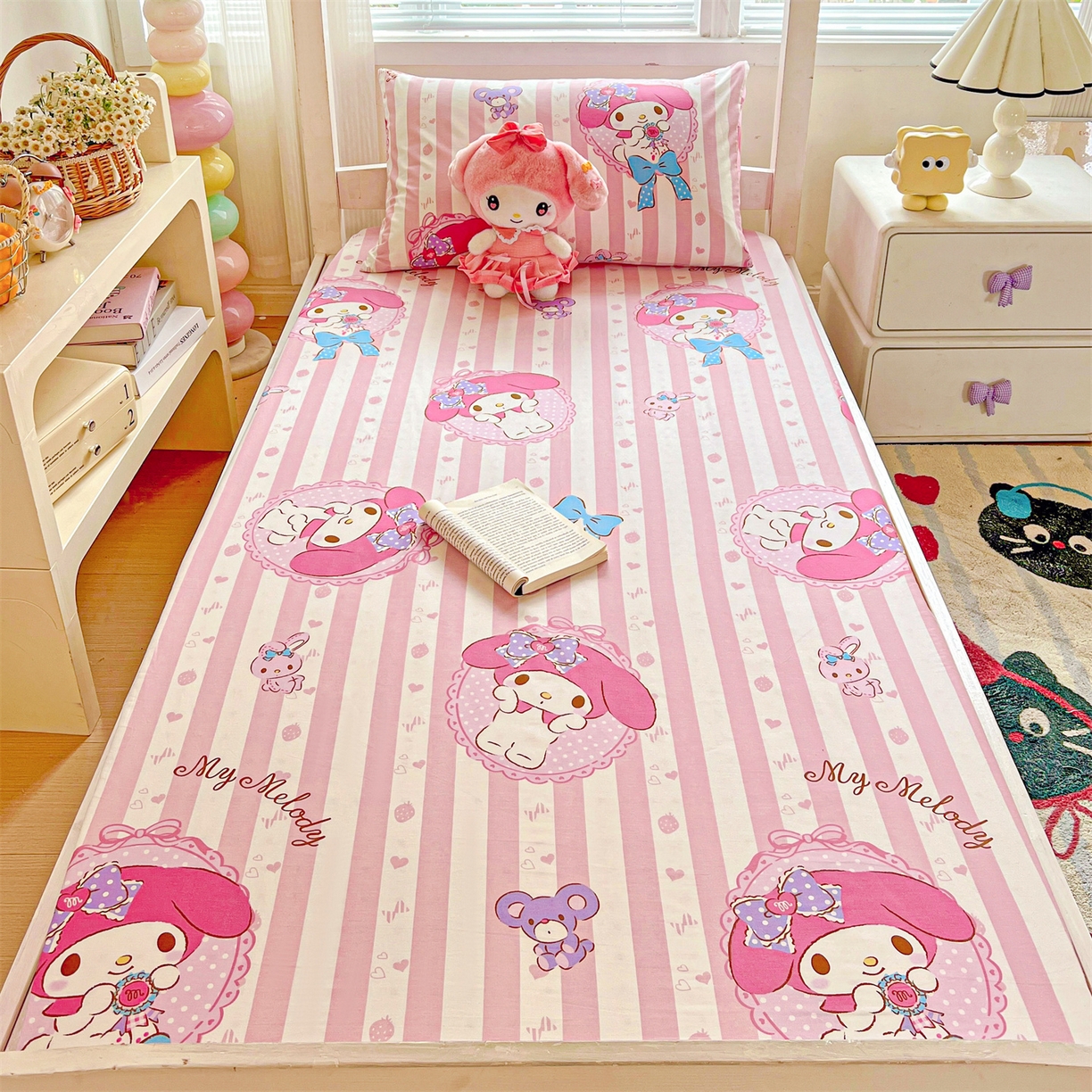 91家纺网 家纺一手货源 找家纺 名兮家居 2025-奥特曼-三丽鸥全棉13372学生床上下铺床笠【含防伪标】 竖条美乐蒂