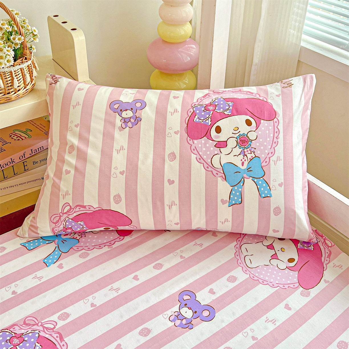 91家纺网 家纺一手货源 找家纺 名兮家居 2025-奥特曼-三丽鸥全棉13372学生床上下铺床笠【含防伪标】 竖条美乐蒂