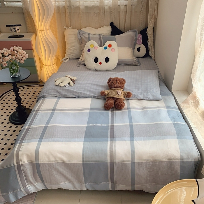 莱豫家纺 2025春夏新款学生季全棉纯棉印花上下铺三件套学生宿舍三件套 方格蓝