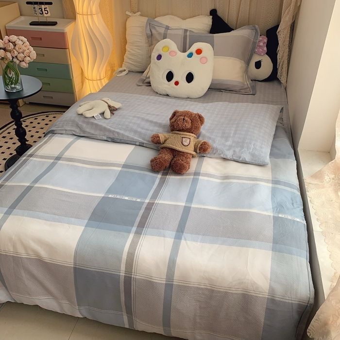 91家纺网 家纺一手货源 找家纺 莱豫家纺 2025春夏新款学生季全棉纯棉印花上下铺三件套学生宿舍三件套 方格蓝