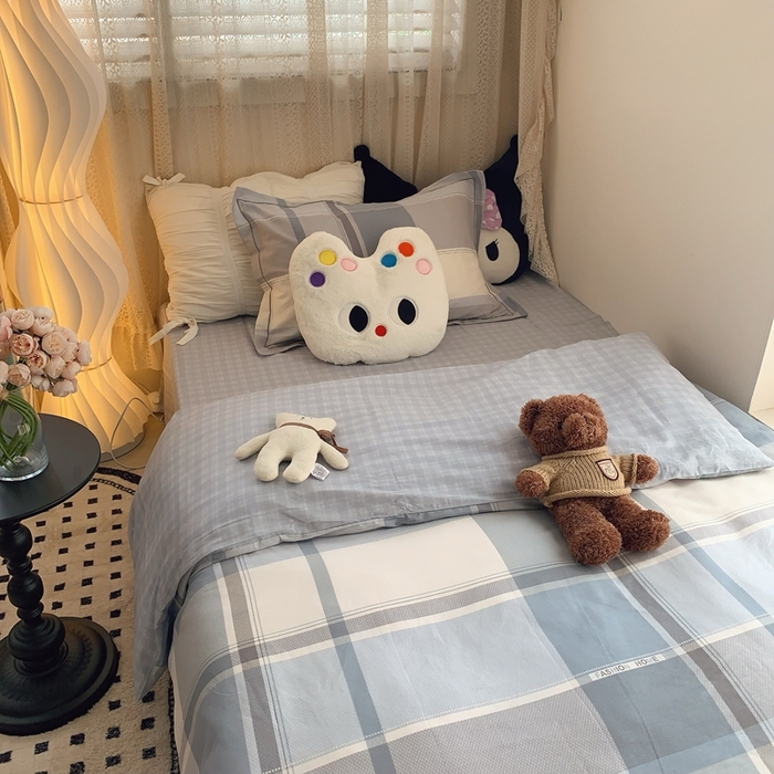 91家纺网 家纺一手货源 找家纺 莱豫家纺 2025春夏新款学生季全棉纯棉印花上下铺三件套学生宿舍三件套 方格蓝