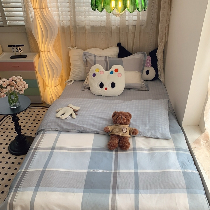 91家纺网 家纺一手货源 找家纺 莱豫家纺 2025春夏新款学生季全棉纯棉印花上下铺三件套学生宿舍三件套 方格蓝