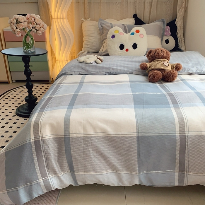 91家纺网 家纺一手货源 找家纺 莱豫家纺 2025春夏新款学生季全棉纯棉印花上下铺三件套学生宿舍三件套 方格蓝