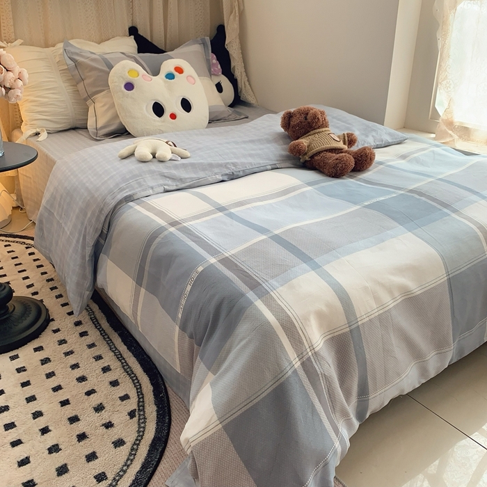 91家纺网 家纺一手货源 找家纺 莱豫家纺 2025春夏新款学生季全棉纯棉印花上下铺三件套学生宿舍三件套 方格蓝