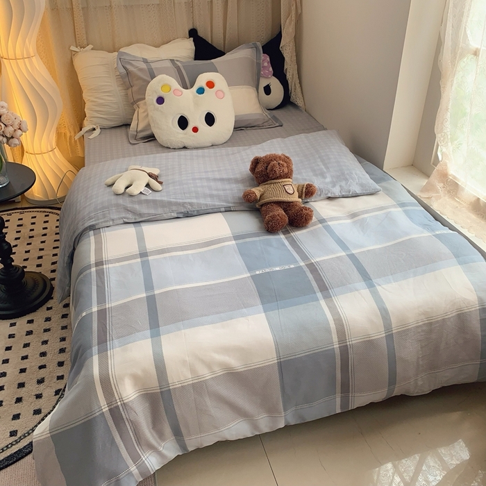 91家纺网 家纺一手货源 找家纺 莱豫家纺 2025春夏新款学生季全棉纯棉印花上下铺三件套学生宿舍三件套 方格蓝