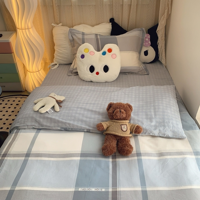 91家纺网 家纺一手货源 找家纺 莱豫家纺 2025春夏新款学生季全棉纯棉印花上下铺三件套学生宿舍三件套 方格蓝