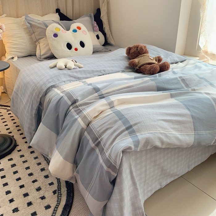 91家纺网 家纺一手货源 找家纺 莱豫家纺 2025春夏新款学生季全棉纯棉印花上下铺三件套学生宿舍三件套 方格蓝