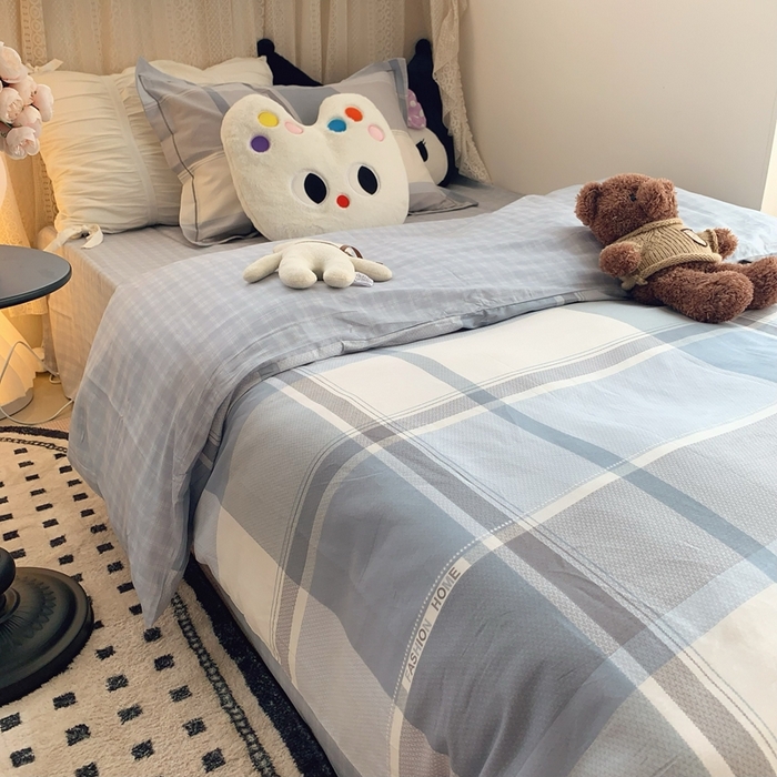 91家纺网 家纺一手货源 找家纺 莱豫家纺 2025春夏新款学生季全棉纯棉印花上下铺三件套学生宿舍三件套 方格蓝