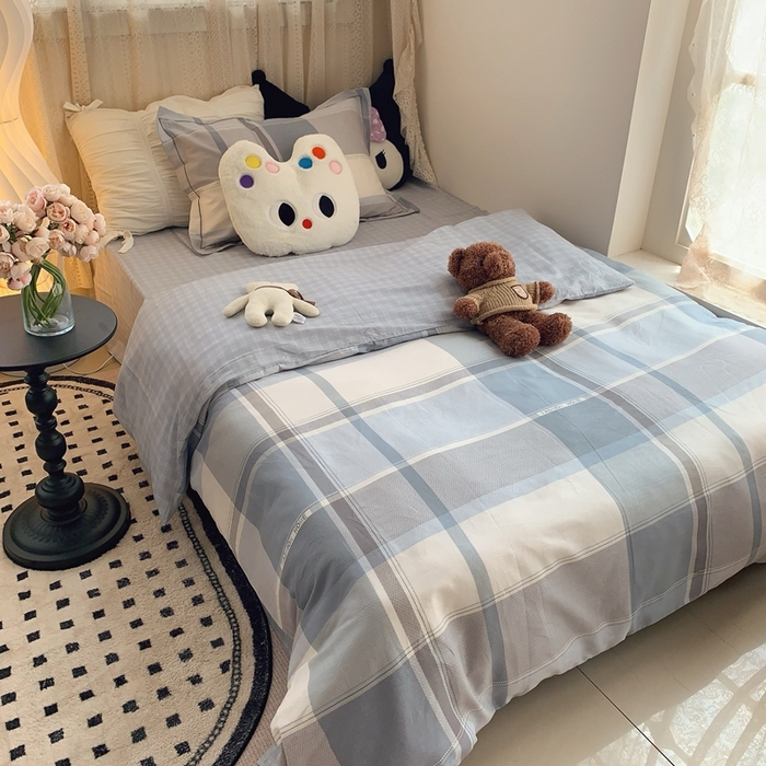 91家纺网 家纺一手货源 找家纺 莱豫家纺 2025春夏新款学生季全棉纯棉印花上下铺三件套学生宿舍三件套 方格蓝