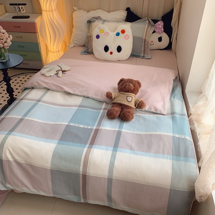 91家纺网 家纺一手货源 找家纺 莱豫家纺 2025春夏新款学生季全棉纯棉印花上下铺三件套学生宿舍三件套 方格绿