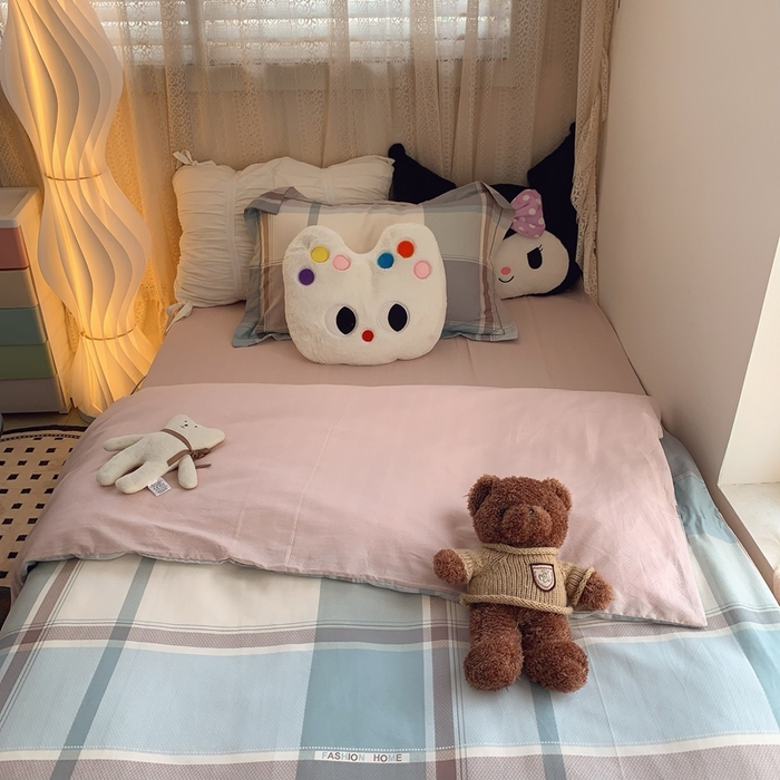 91家纺网 家纺一手货源 找家纺 莱豫家纺 2025春夏新款学生季全棉纯棉印花上下铺三件套学生宿舍三件套 方格绿