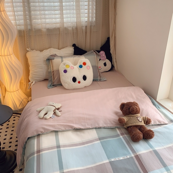 91家纺网 家纺一手货源 找家纺 莱豫家纺 2025春夏新款学生季全棉纯棉印花上下铺三件套学生宿舍三件套 方格绿