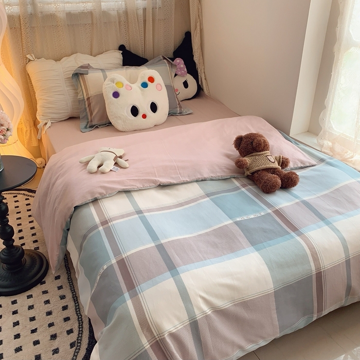 91家纺网 家纺一手货源 找家纺 莱豫家纺 2025春夏新款学生季全棉纯棉印花上下铺三件套学生宿舍三件套 方格绿