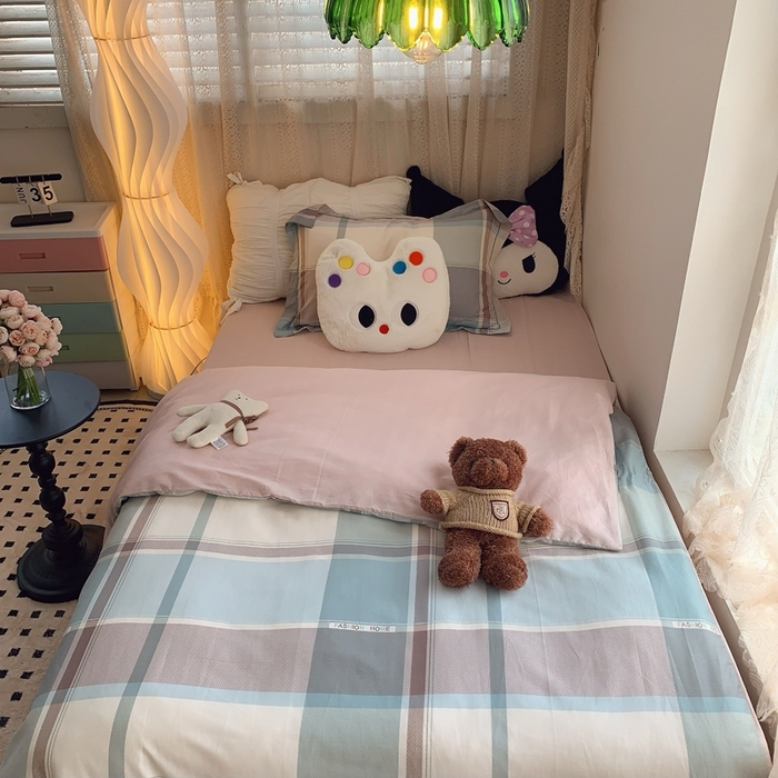 91家纺网 家纺一手货源 找家纺 莱豫家纺 2025春夏新款学生季全棉纯棉印花上下铺三件套学生宿舍三件套 方格绿