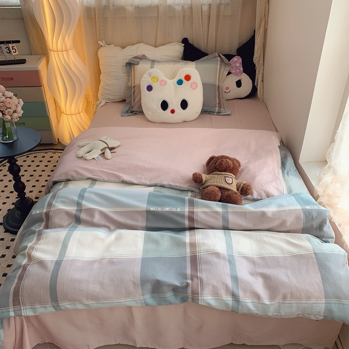 91家纺网 家纺一手货源 找家纺 莱豫家纺 2025春夏新款学生季全棉纯棉印花上下铺三件套学生宿舍三件套 方格绿