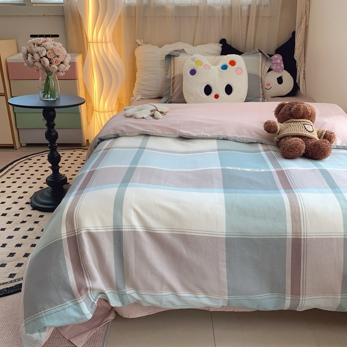 91家纺网 家纺一手货源 找家纺 莱豫家纺 2025春夏新款学生季全棉纯棉印花上下铺三件套学生宿舍三件套 方格绿