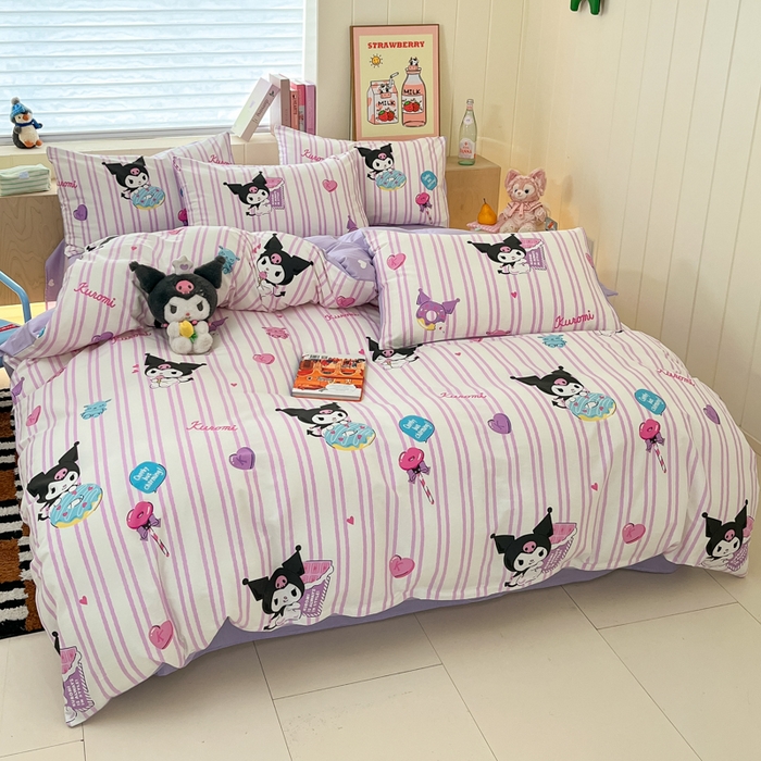 91家纺网 家纺一手货源 找家纺 博雅 2025新款全棉三丽鸥全棉四件套-小版 紫色条纹库洛米