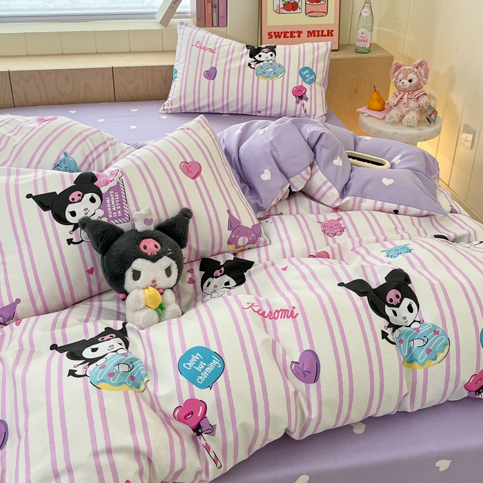 91家纺网 家纺一手货源 找家纺 博雅 2025新款全棉三丽鸥全棉四件套-小版 紫色条纹库洛米