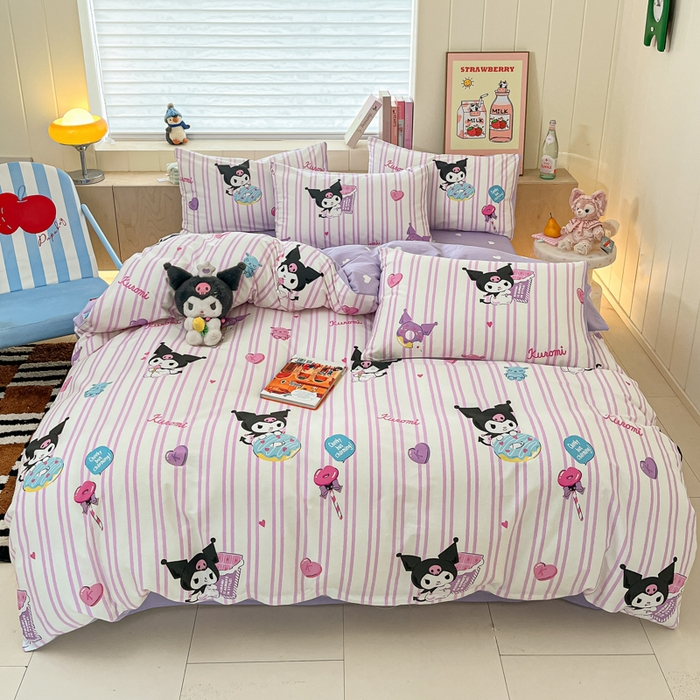 91家纺网 家纺一手货源 找家纺 博雅 2025新款全棉三丽鸥全棉四件套-小版 紫色条纹库洛米