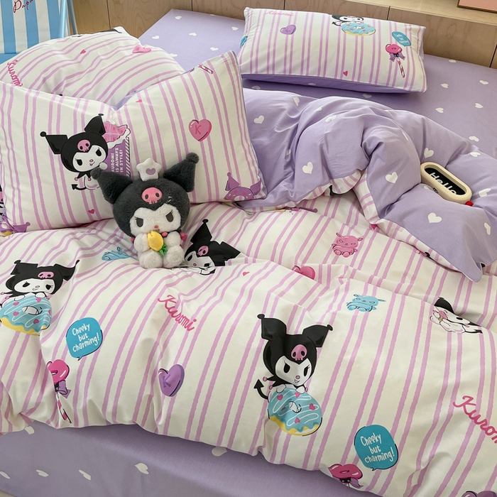 91家纺网 家纺一手货源 找家纺 博雅 2025新款全棉三丽鸥全棉四件套-小版 紫色条纹库洛米