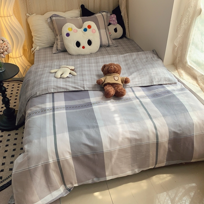 91家纺网 家纺一手货源 找家纺 莱豫家纺 2025春夏新款学生季全棉纯棉印花上下铺三件套学生宿舍三件套 阶梯灰