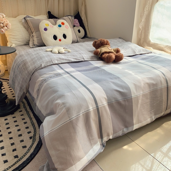 91家纺网 家纺一手货源 找家纺 莱豫家纺 2025春夏新款学生季全棉纯棉印花上下铺三件套学生宿舍三件套 阶梯灰