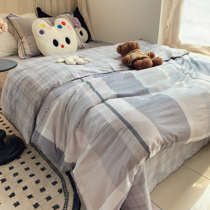 91家纺网 家纺一手货源 找家纺 莱豫家纺 2025春夏新款学生季全棉纯棉印花上下铺三件套学生宿舍三件套 阶梯灰