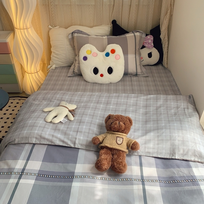 91家纺网 家纺一手货源 找家纺 莱豫家纺 2025春夏新款学生季全棉纯棉印花上下铺三件套学生宿舍三件套 阶梯灰