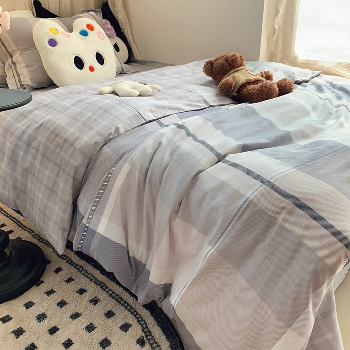 91家纺网 家纺一手货源 找家纺 莱豫家纺 2025春夏新款学生季全棉纯棉印花上下铺三件套学生宿舍三件套 阶梯灰