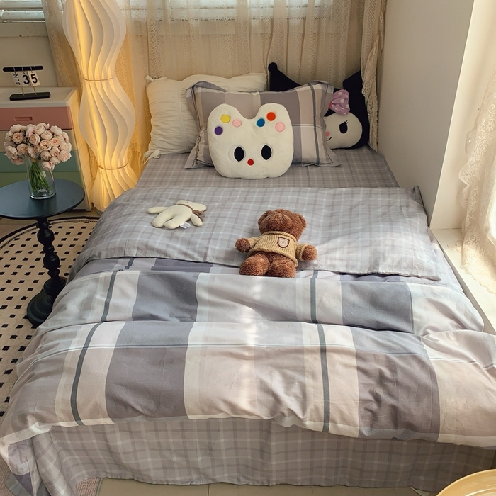 91家纺网 家纺一手货源 找家纺 莱豫家纺 2025春夏新款学生季全棉纯棉印花上下铺三件套学生宿舍三件套 阶梯灰