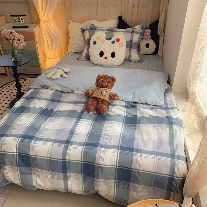 91家纺网 家纺一手货源 找家纺 莱豫家纺 2025春夏新款学生季全棉纯棉印花上下铺三件套学生宿舍三件套 蓝色大格