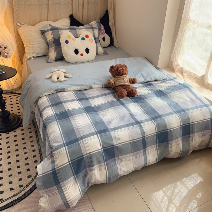 91家纺网 家纺一手货源 找家纺 莱豫家纺 2025春夏新款学生季全棉纯棉印花上下铺三件套学生宿舍三件套 蓝色大格