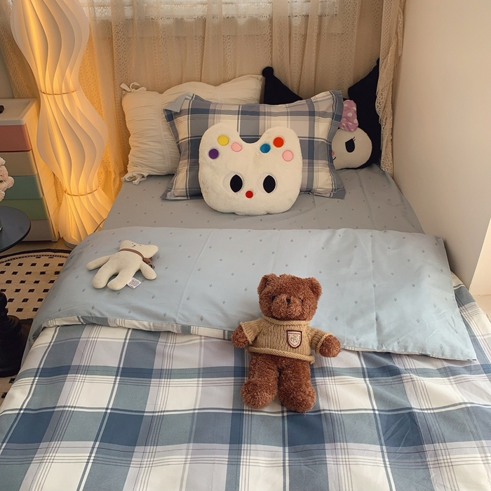 91家纺网 家纺一手货源 找家纺 莱豫家纺 2025春夏新款学生季全棉纯棉印花上下铺三件套学生宿舍三件套 蓝色大格