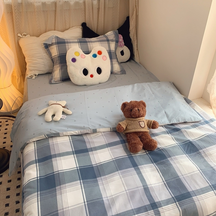 91家纺网 家纺一手货源 找家纺 莱豫家纺 2025春夏新款学生季全棉纯棉印花上下铺三件套学生宿舍三件套 蓝色大格