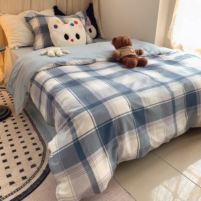 91家纺网 家纺一手货源 找家纺 莱豫家纺 2025春夏新款学生季全棉纯棉印花上下铺三件套学生宿舍三件套 蓝色大格