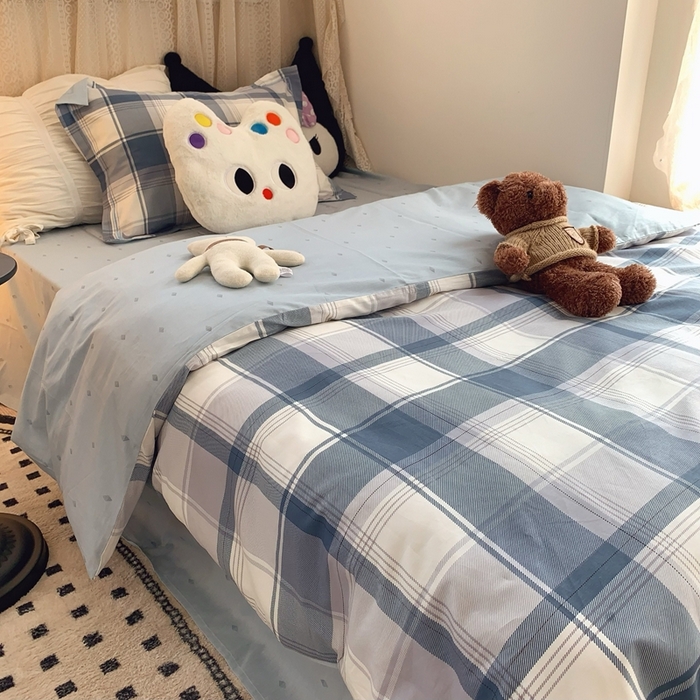 91家纺网 家纺一手货源 找家纺 莱豫家纺 2025春夏新款学生季全棉纯棉印花上下铺三件套学生宿舍三件套 蓝色大格