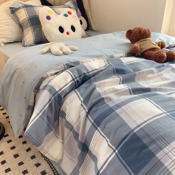 91家纺网 家纺一手货源 找家纺 莱豫家纺 2025春夏新款学生季全棉纯棉印花上下铺三件套学生宿舍三件套 蓝色大格