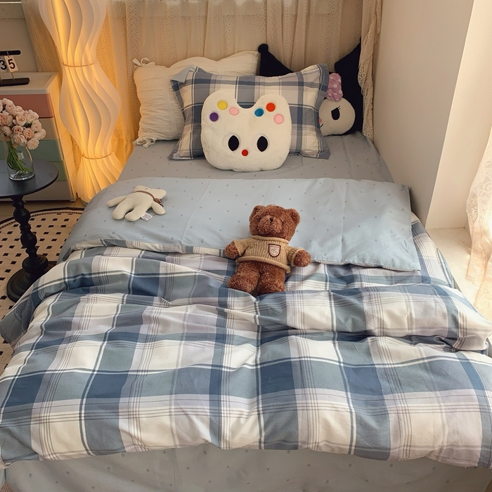 91家纺网 家纺一手货源 找家纺 莱豫家纺 2025春夏新款学生季全棉纯棉印花上下铺三件套学生宿舍三件套 蓝色大格