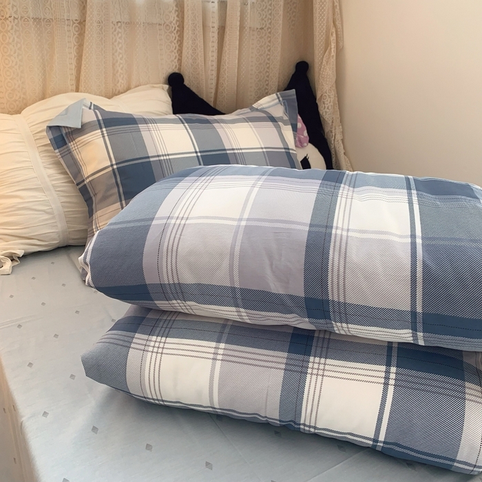 91家纺网 家纺一手货源 找家纺 莱豫家纺 2025春夏新款学生季全棉纯棉印花上下铺三件套学生宿舍三件套 蓝色大格