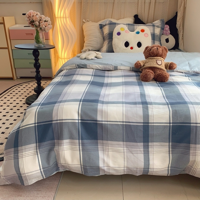 91家纺网 家纺一手货源 找家纺 莱豫家纺 2025春夏新款学生季全棉纯棉印花上下铺三件套学生宿舍三件套 蓝色大格