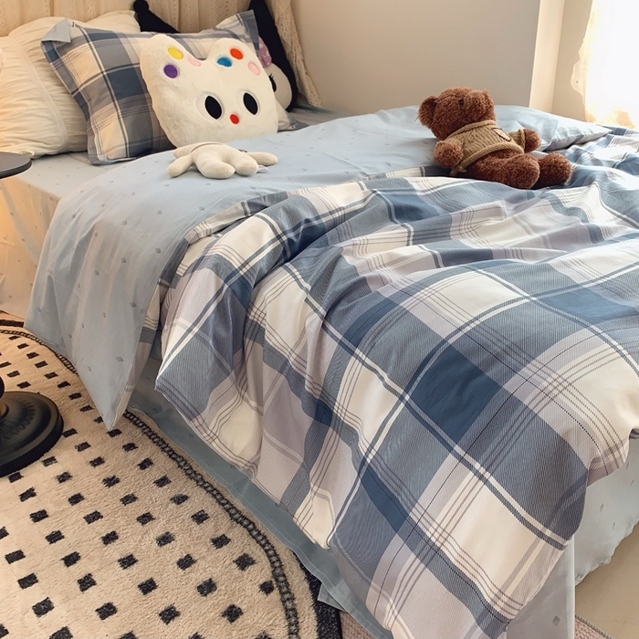 91家纺网 家纺一手货源 找家纺 莱豫家纺 2025春夏新款学生季全棉纯棉印花上下铺三件套学生宿舍三件套 蓝色大格