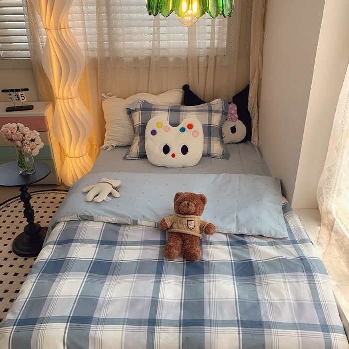 91家纺网 家纺一手货源 找家纺 莱豫家纺 2025春夏新款学生季全棉纯棉印花上下铺三件套学生宿舍三件套 蓝色大格