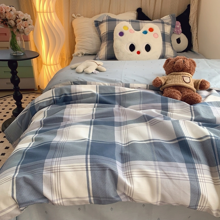 91家纺网 家纺一手货源 找家纺 莱豫家纺 2025春夏新款学生季全棉纯棉印花上下铺三件套学生宿舍三件套 蓝色大格