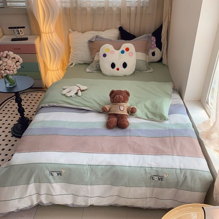 莱豫家纺 2025春夏新款学生季全棉纯棉印花上下铺三件套学生宿舍三件套 麦浪指纹