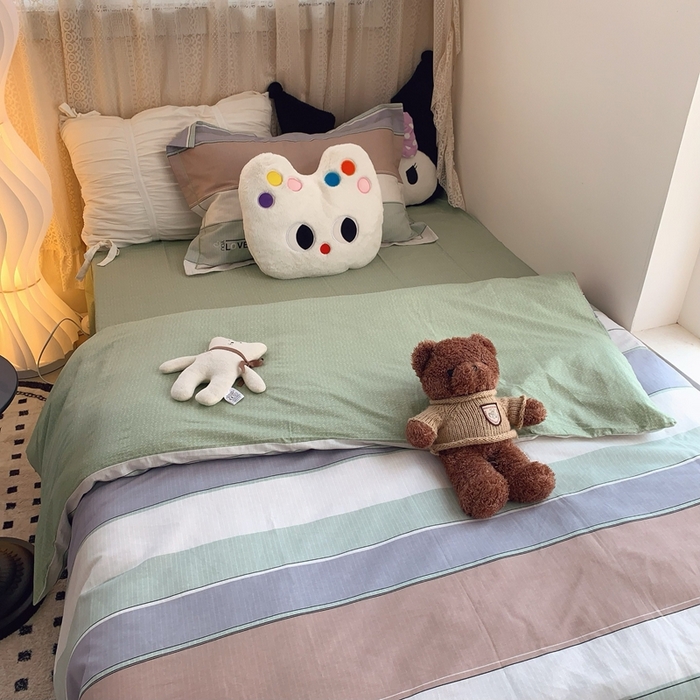 91家纺网 家纺一手货源 找家纺 莱豫家纺 2025春夏新款学生季全棉纯棉印花上下铺三件套学生宿舍三件套 麦浪指纹