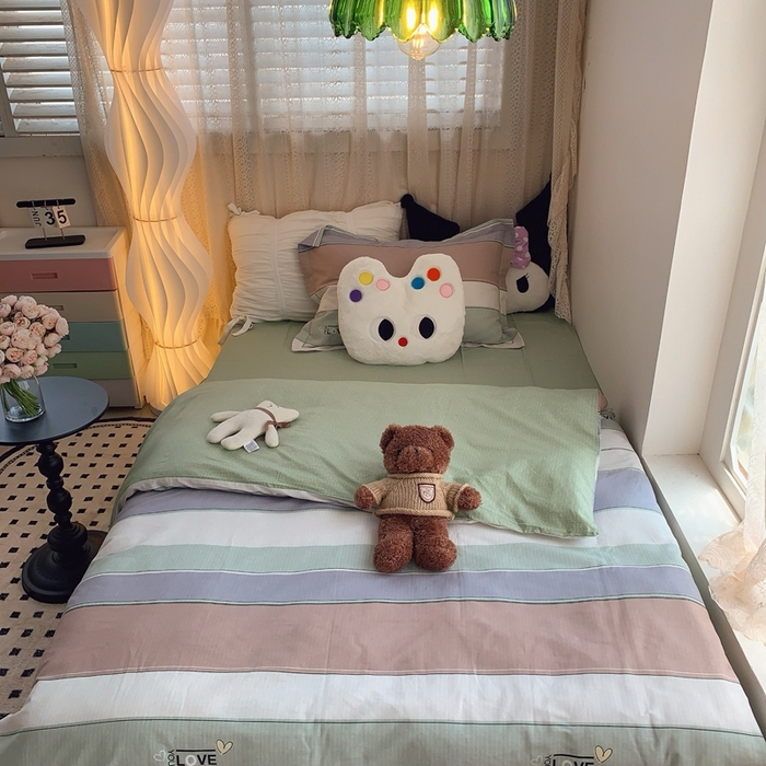 91家纺网 家纺一手货源 找家纺 莱豫家纺 2025春夏新款学生季全棉纯棉印花上下铺三件套学生宿舍三件套 麦浪指纹