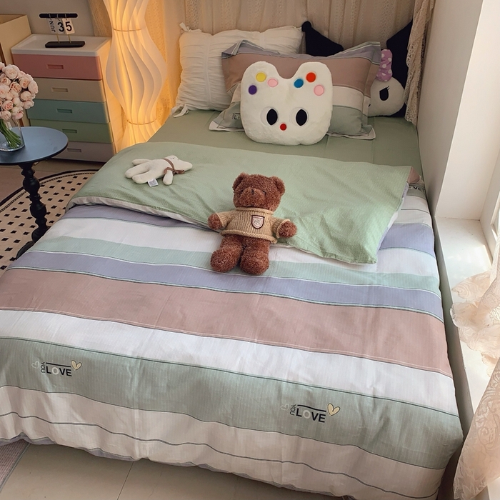 91家纺网 家纺一手货源 找家纺 莱豫家纺 2025春夏新款学生季全棉纯棉印花上下铺三件套学生宿舍三件套 麦浪指纹